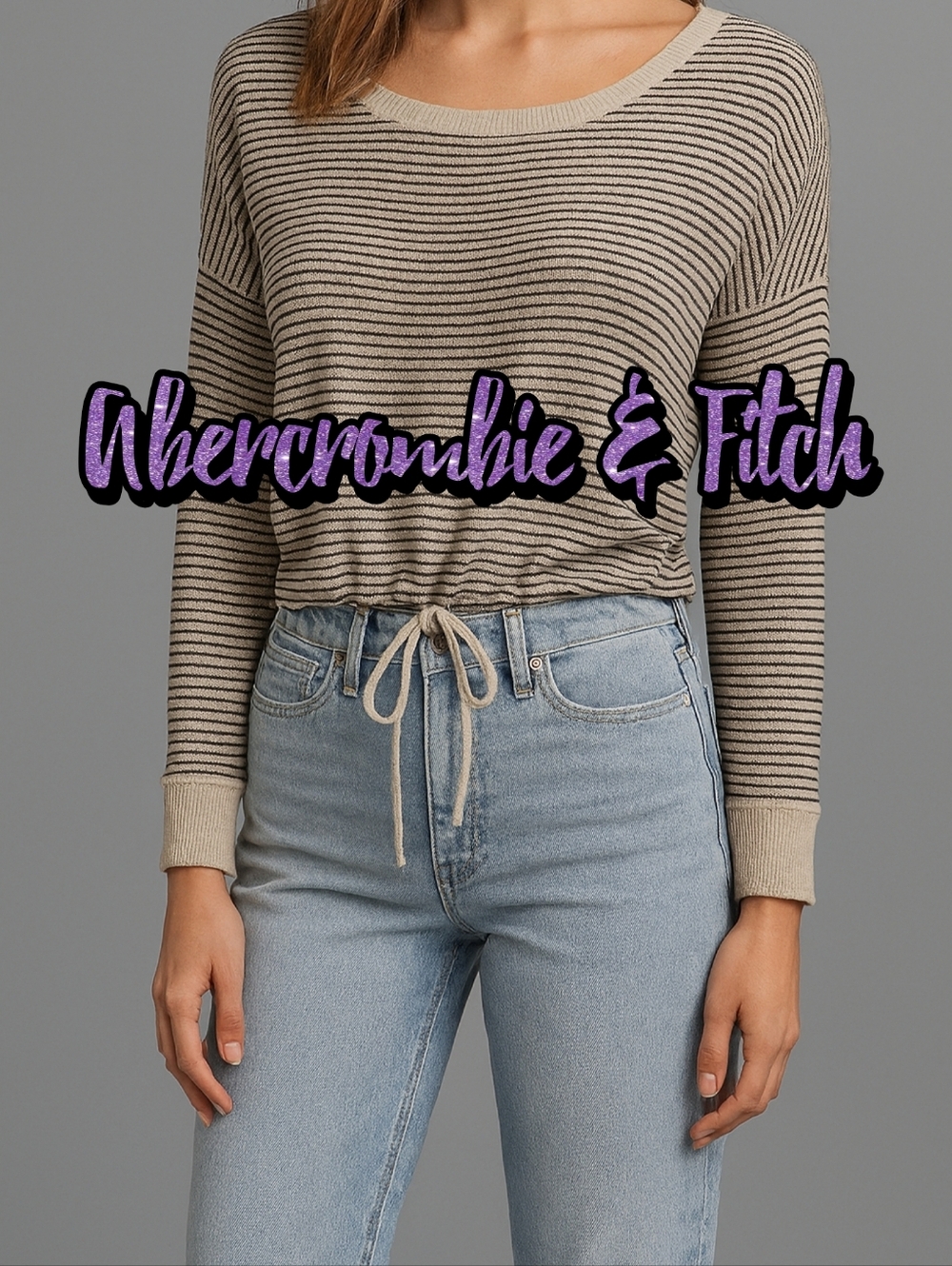 Abercrombie & Fitch Striped Drawstring Pullover - Beige & Black
